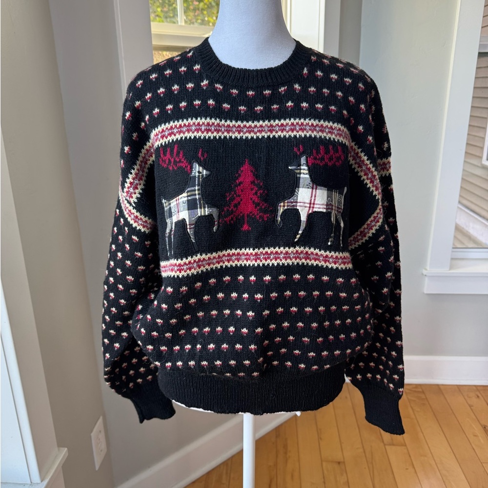 Vintage Susan Bristol Black Reindeer Plaid Wool Christmas Sweater Sz 38 Medium - Picture 11 of 11